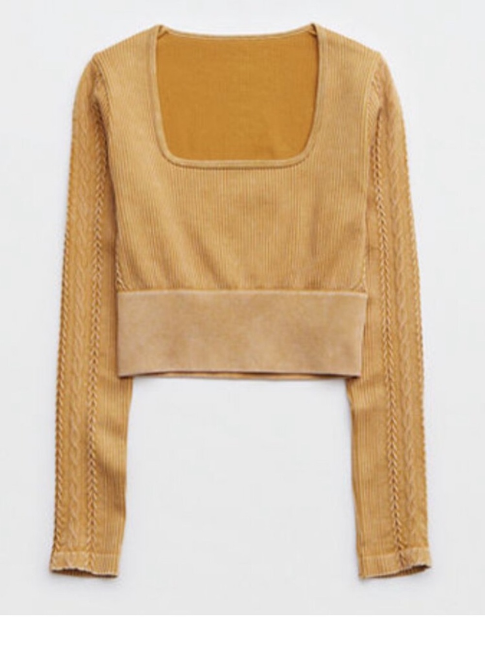 OFFLINE By Aerie Seamless Cable Square Neck Cropped T-Shirt Sz Med Yellow/Gold